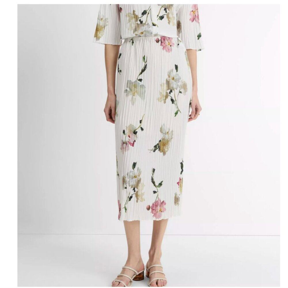 NWT Vince Wilted Peony Pleated Side-Tie Skirt Midi Size Large Floral Micropleat